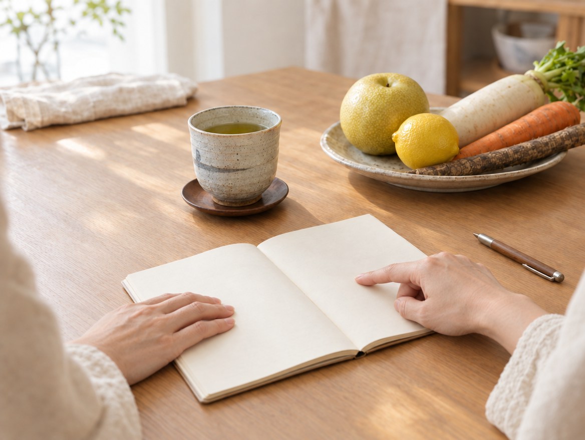 季節の食材とノートが置かれたテーブルで話を聞く手元
