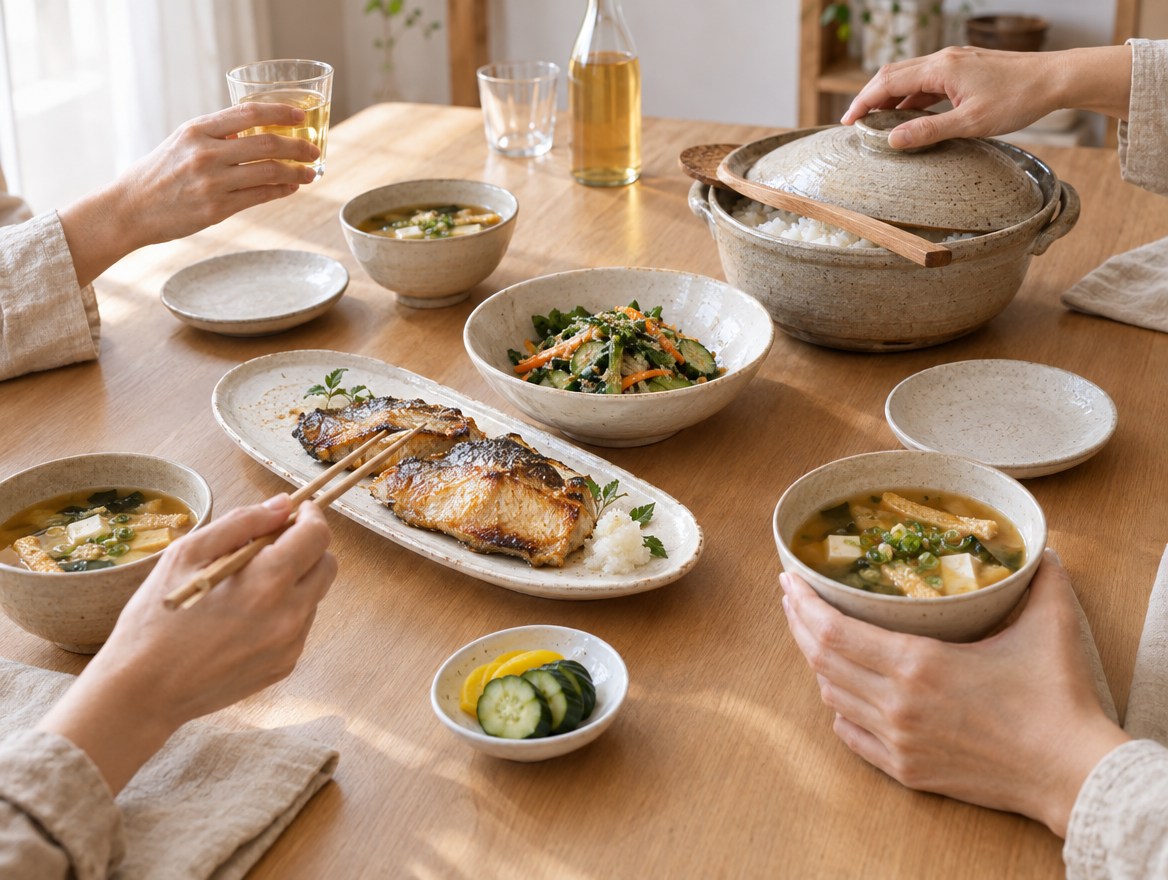 料理が並ぶ木のテーブルと参加者の手元