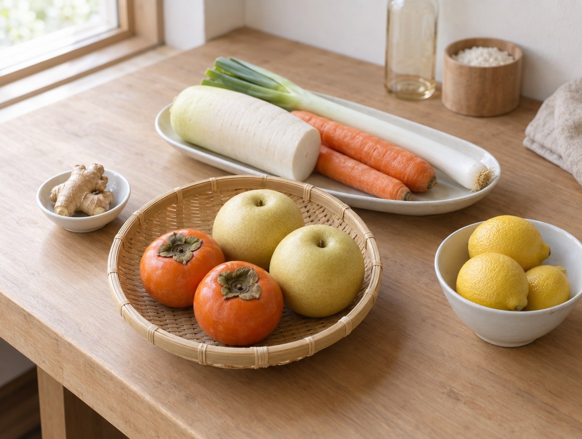 季節の果物と野菜が並ぶ作業台